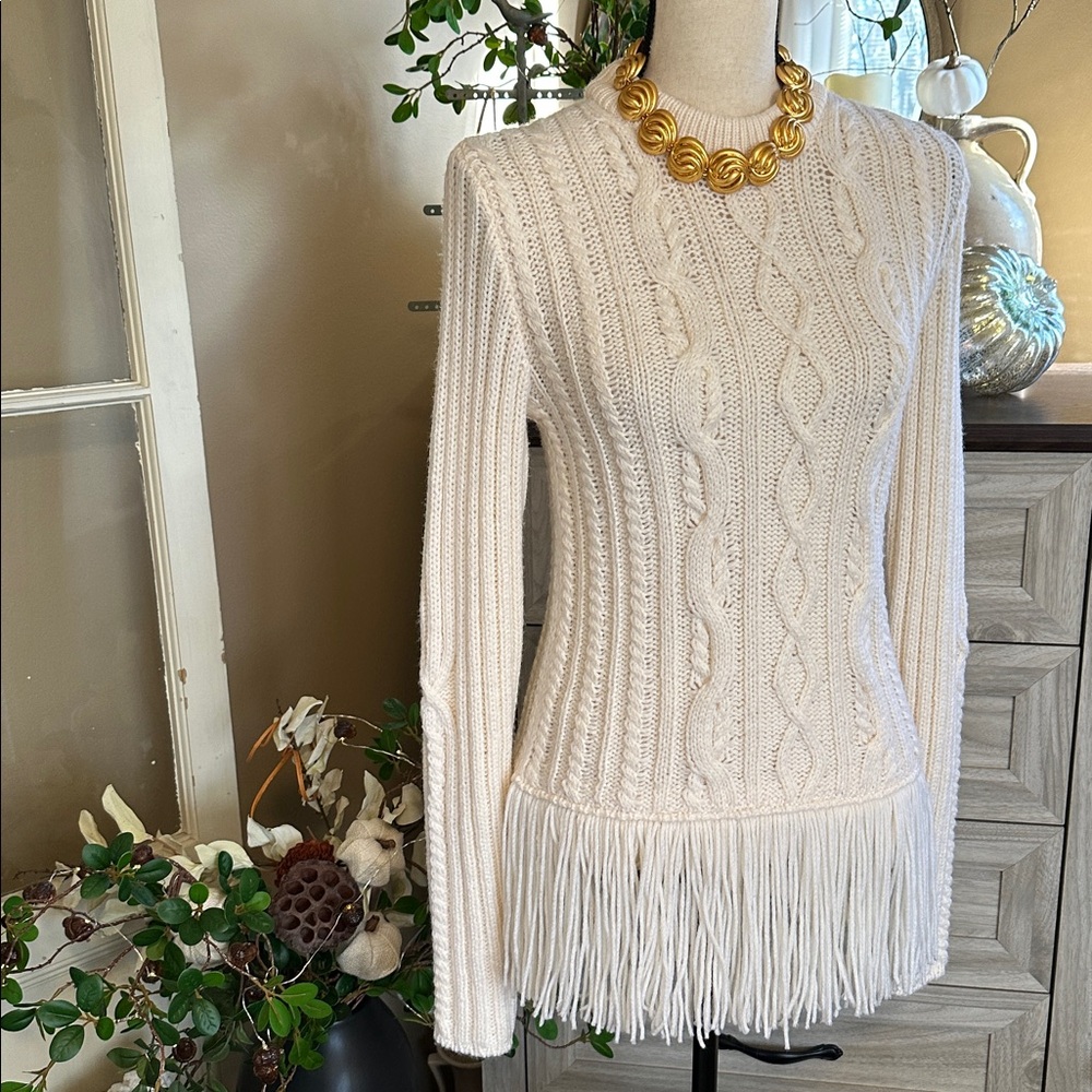 Tory Burch | Valero Fringe Hem Fisherman Sweater in Winter White - Picture 9 of 11